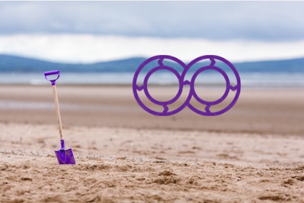 DevOps symbol og spade ved strand som symbol for at artiklen går et spadestik dybere og omhandler DevOps processer i praksis